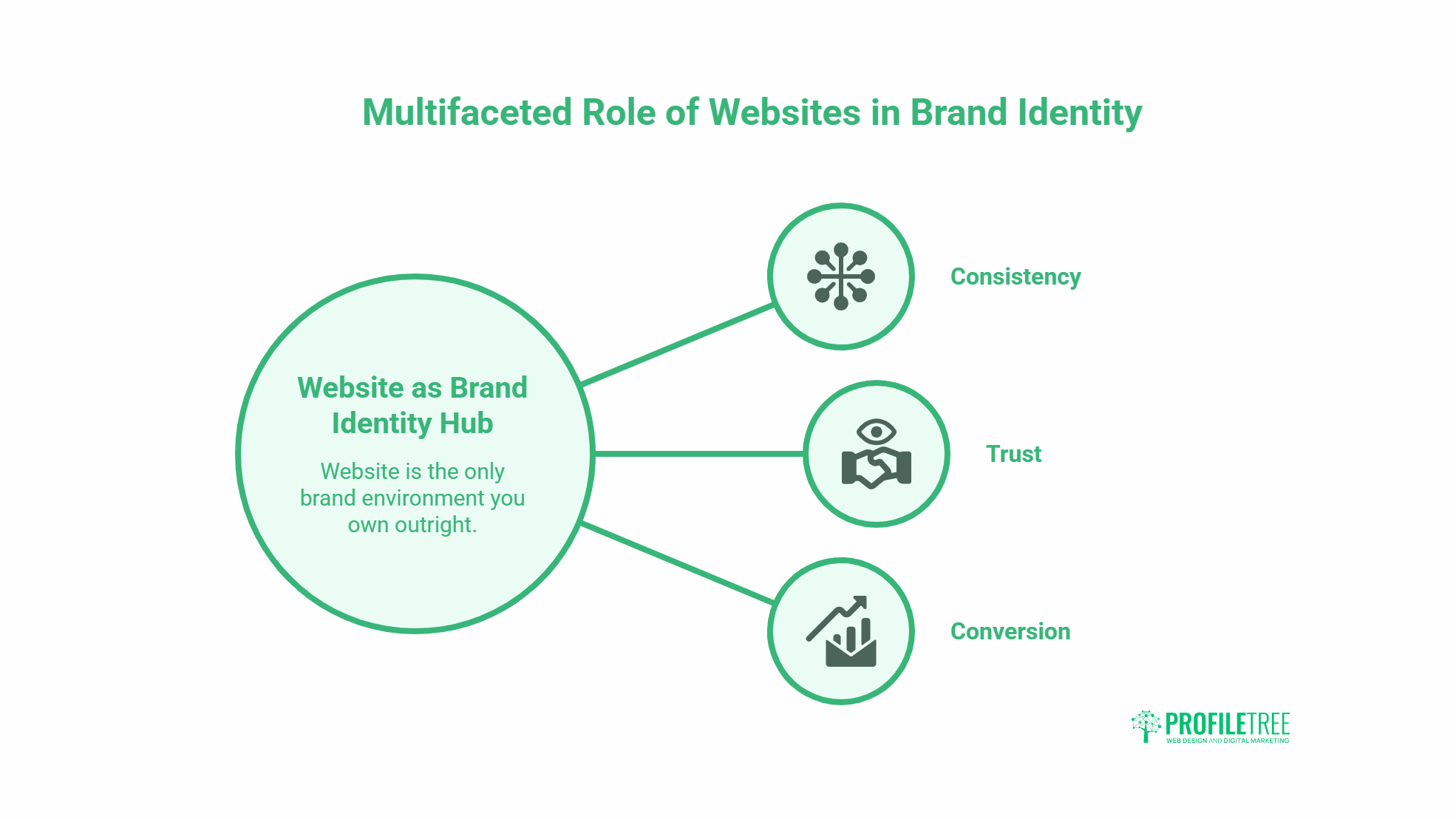 Infographic titled Multifaceted Role of Websites in Brand Identity shows a website as a brand identity hub, featuring its colour palette and links to consistency, trust, and conversion—each with icons. ProfileTree logo appears in the corner.
