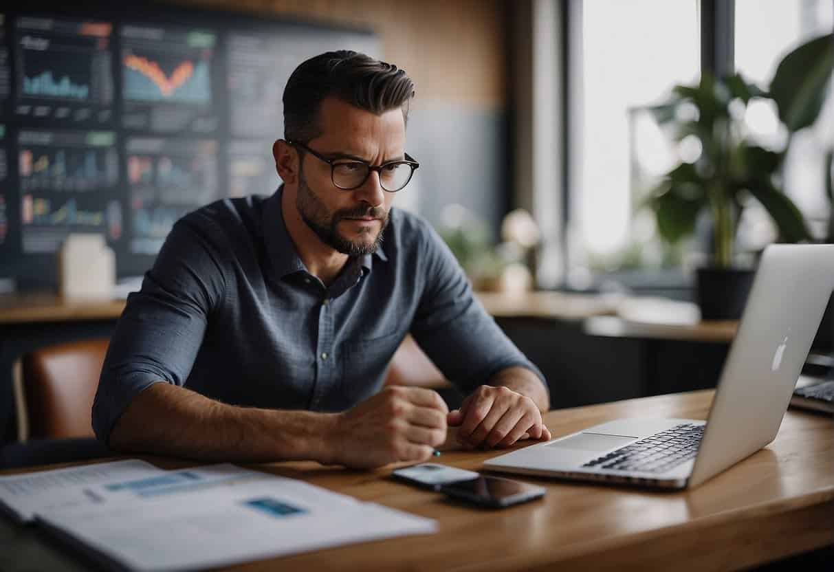 A small business owner researching various social media platforms, surrounded by charts and graphs, with a determined expression