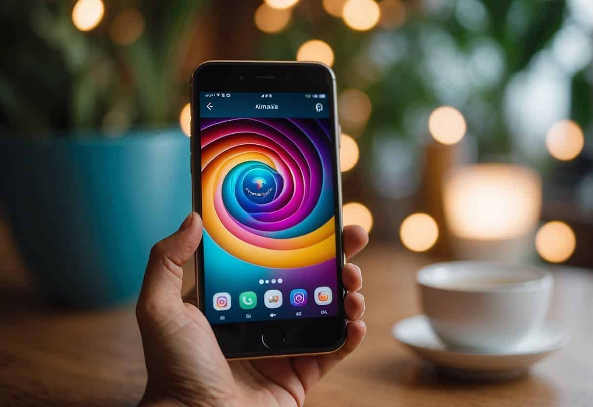 A smartphone with a vibrant Instagram Stories feed displayed, showcasing various engaging visuals and brand elements