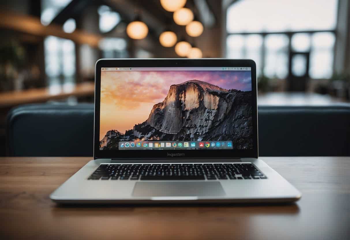 A laptop displaying Instagram feed with branded visuals and strategic hashtags. Collaborative posts with other businesses. Visual elements reflecting brand identity and discoverability
