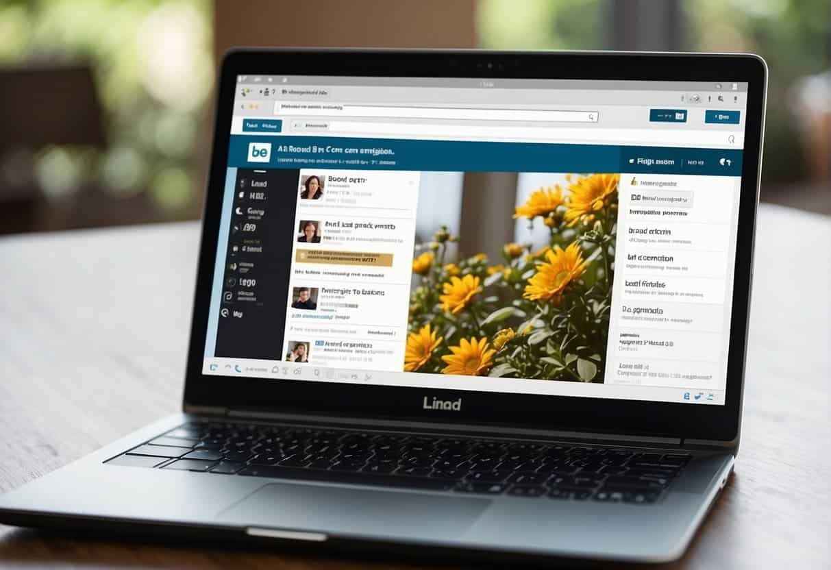 A laptop open to a LinkedIn profile, with a graph showing B2B lead generation. The screen displays a polished profile with optimized content