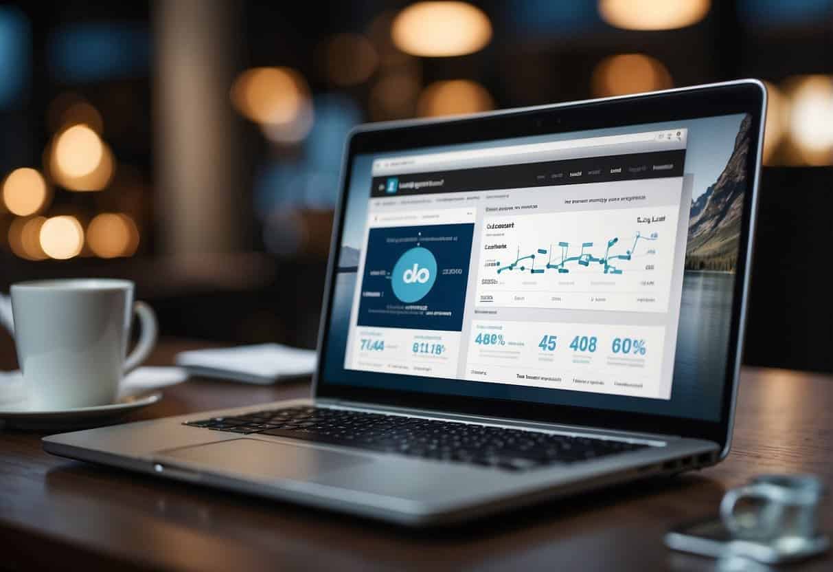 A laptop displaying LinkedIn analytics and lead generation tools with a graph showing increasing conversion rates