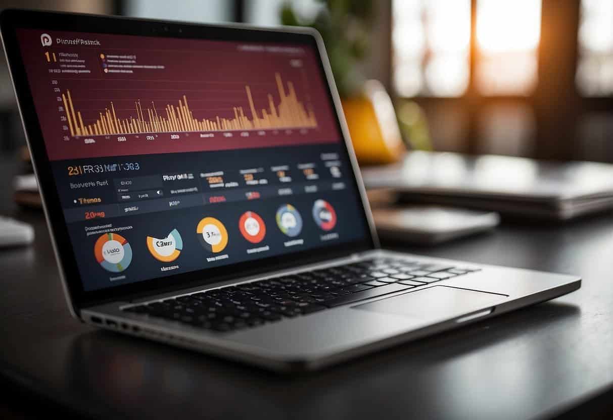 A laptop displaying Pinterest analytics with a graph showing increased traffic. A SME logo visible in the background