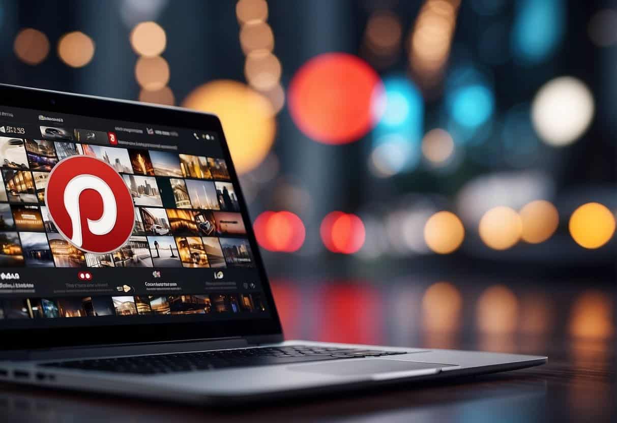 A laptop displaying Pinterest with SME visuals, surrounded by traffic signs and arrows pointing towards the screen