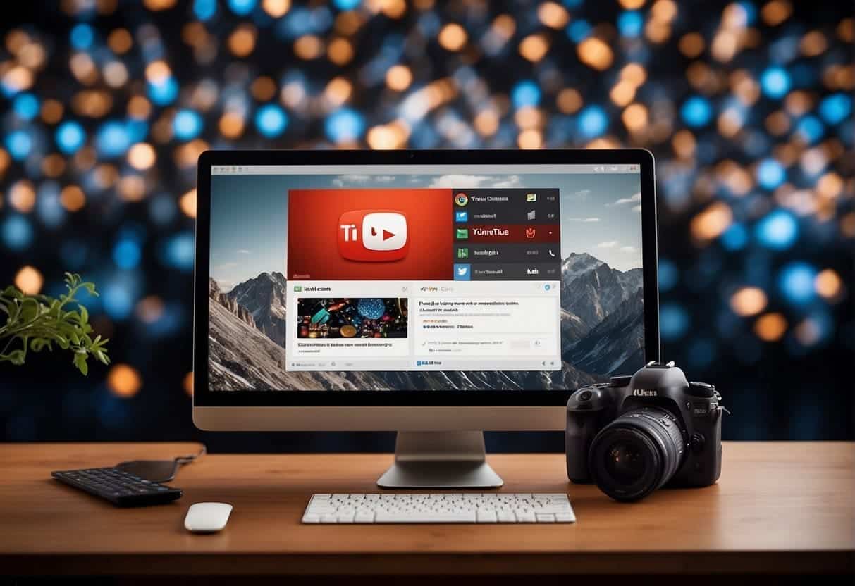A computer screen displaying a YouTube channel with a customized banner and logo, surrounded by social media icons and a graph showing increasing viewership