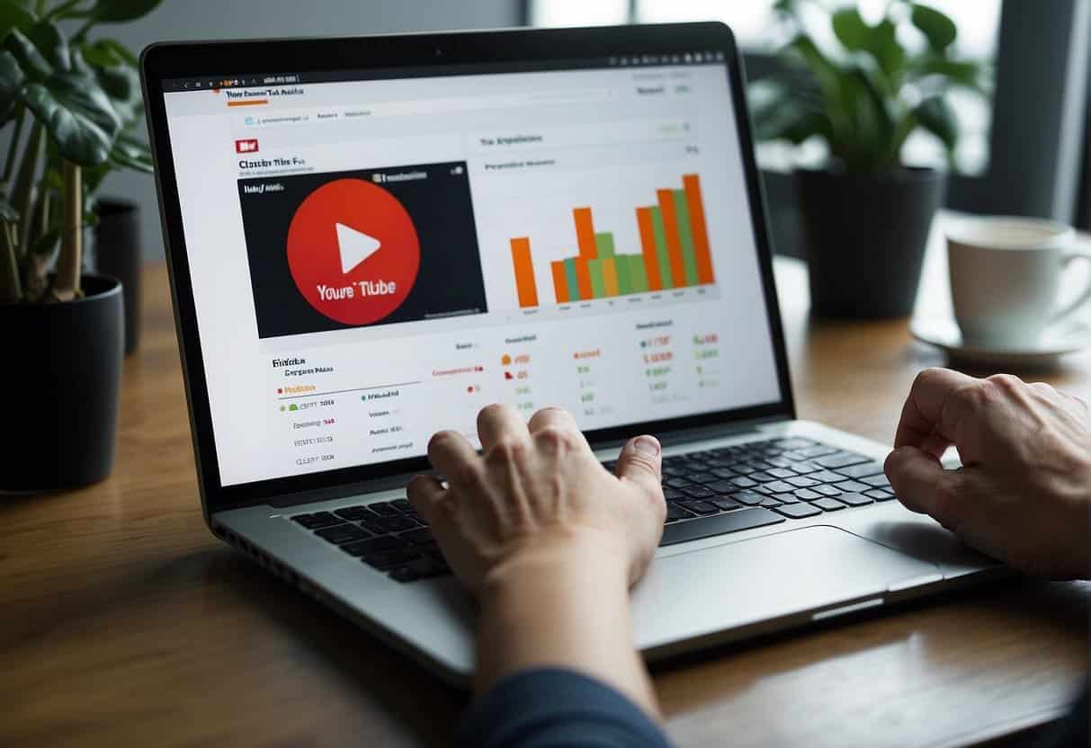 A laptop displaying YouTube analytics with a graph showing increasing brand visibility. A person's hand adjusting the strategies on the keyboard