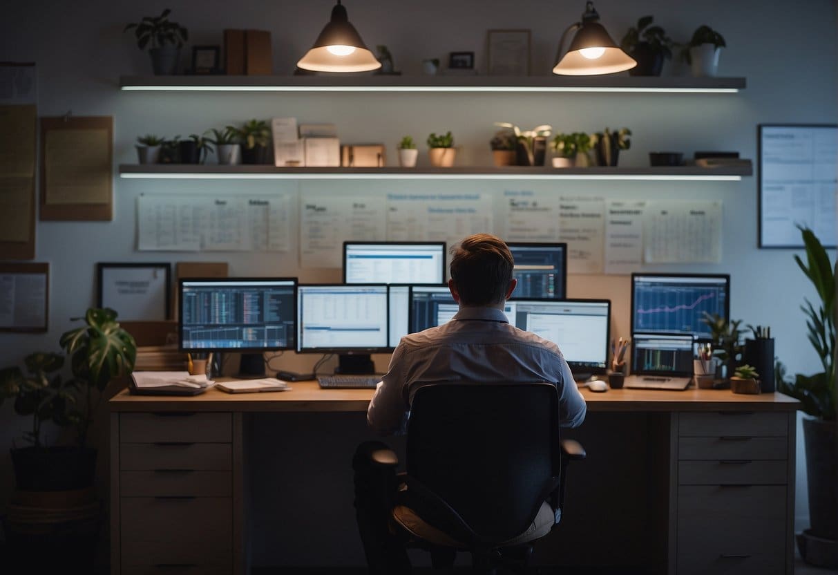 A small business owner sits at a desk, surrounded by charts, graphs, and a laptop. They are deep in thought, brainstorming ideas for their content marketing strategy