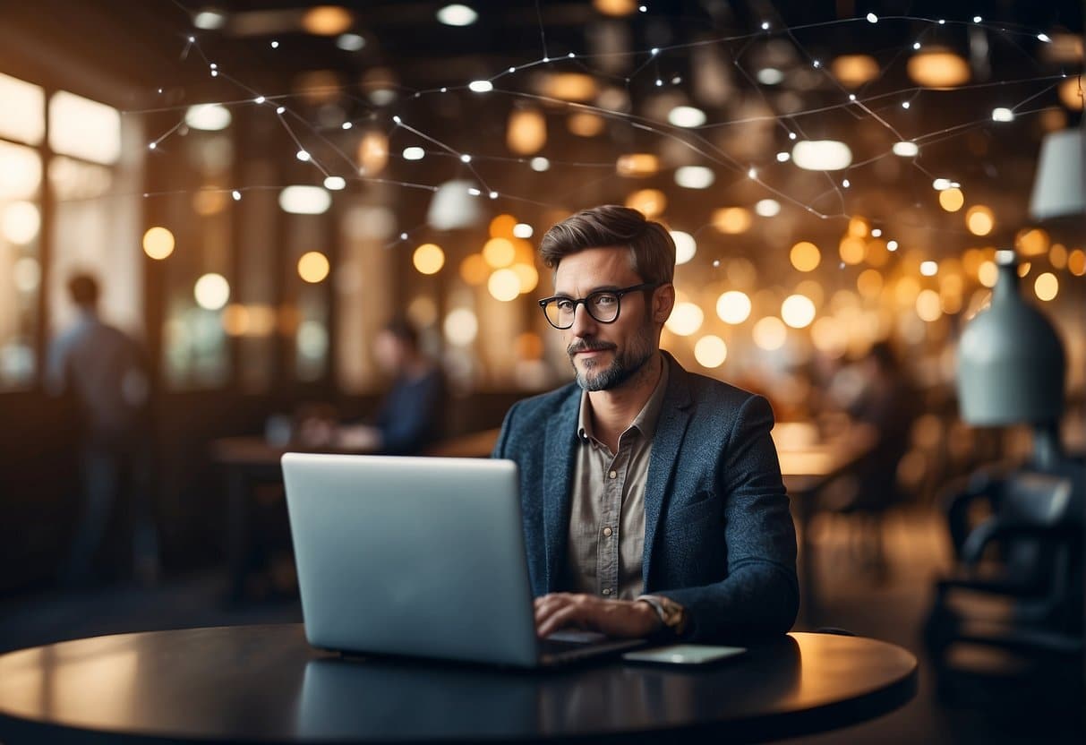 A small business owner typing on a laptop, surrounded by email and content marketing materials. The laptop screen displays a successful email campaign