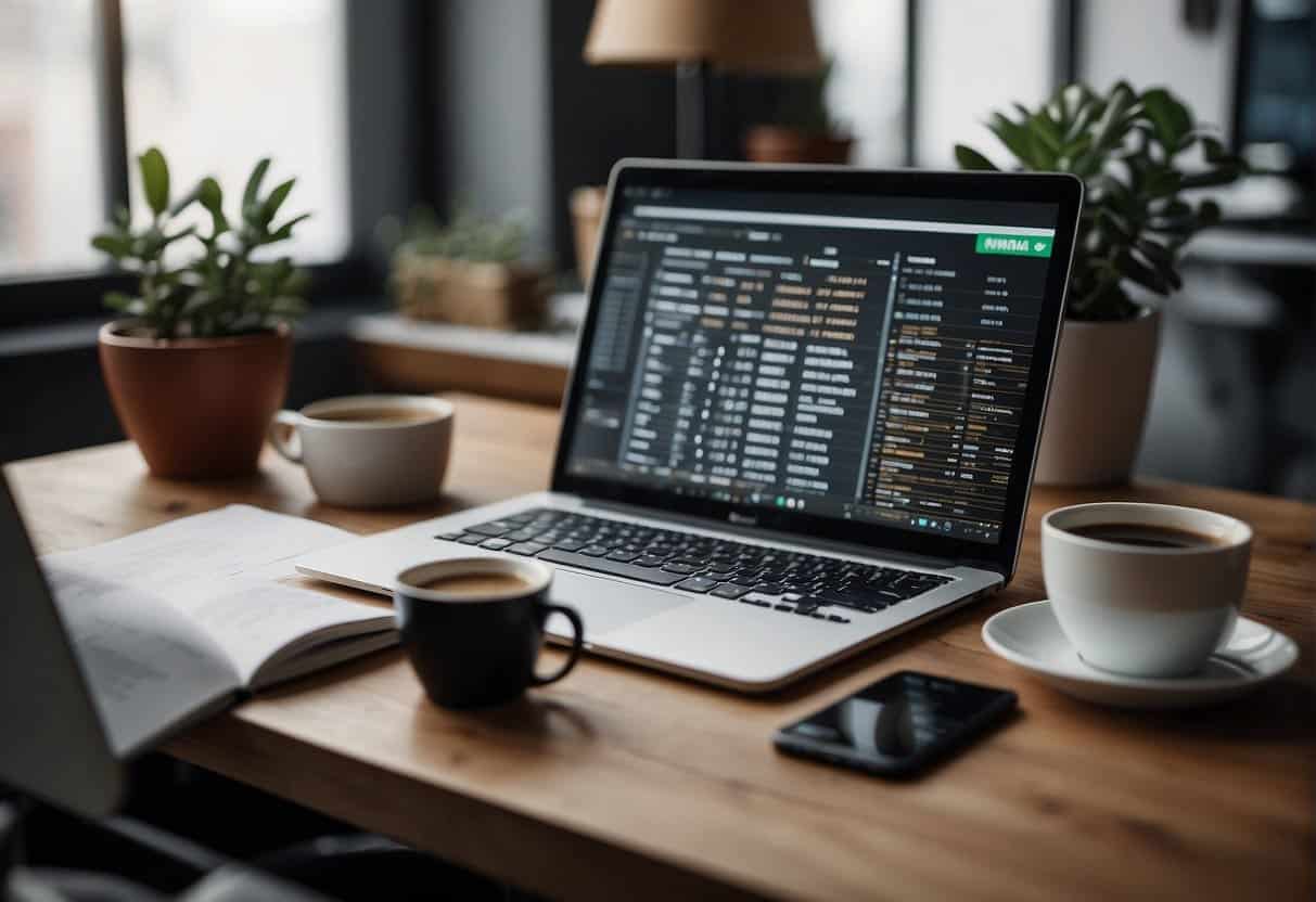 A small business owner researching content marketing strategies, surrounded by a computer, notebook, and coffee mug