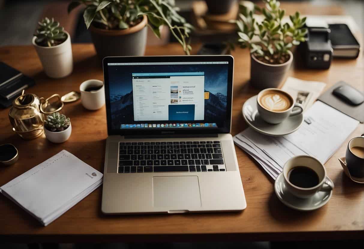 Small business owner brainstorming content ideas at a cluttered desk, surrounded by marketing materials and a laptop