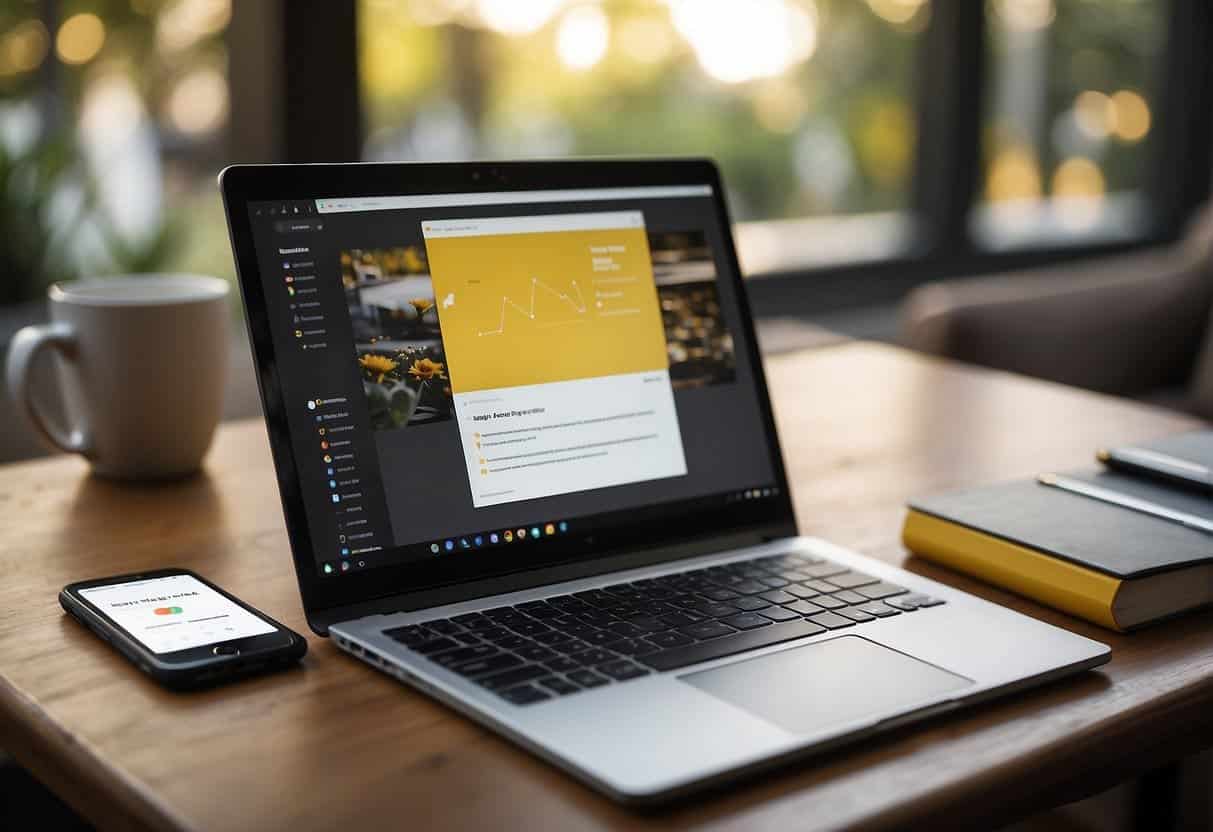 A laptop displaying Google Slides with simple web graphic designs, a stylus and sketchpad nearby