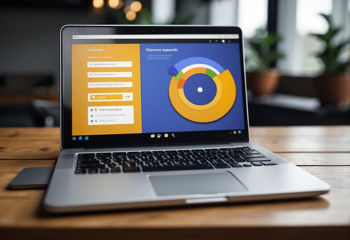 A laptop with Google Slides open, showing simple web graphics. Icons and text boxes are arranged neatly on the slide