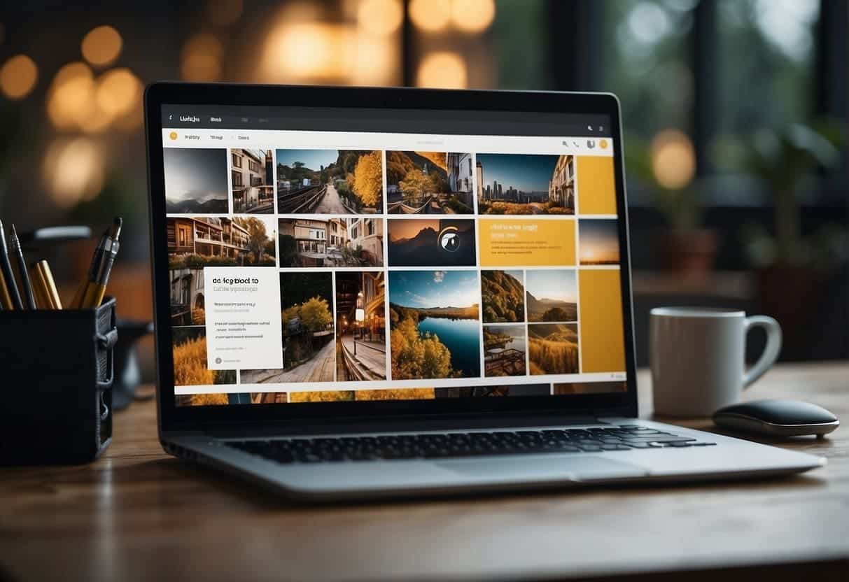 A laptop displaying Google Slides with web graphic designs, surrounded by design tools and a creative workspace