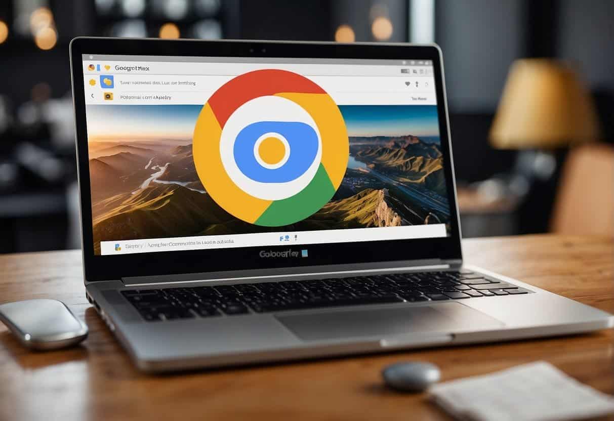A laptop displaying Google Slides with simple web graphics, surrounded by multimedia tools like images, videos, and audio icons