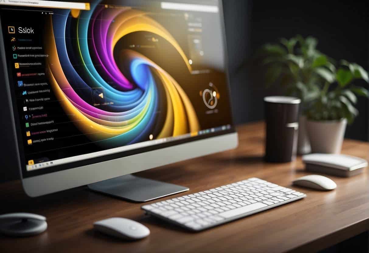 A computer screen displaying Google Slides with simple web graphics being designed using various tools and shapes