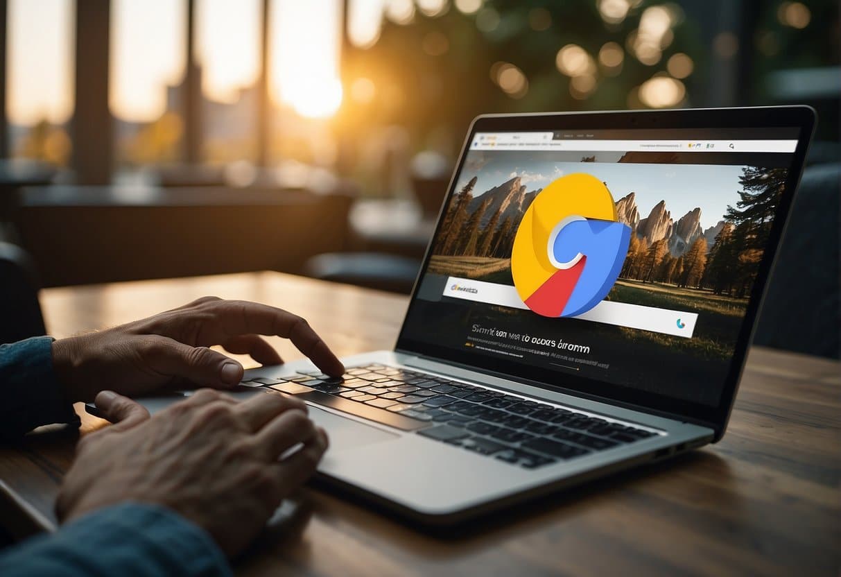 A laptop open with Google Slides displayed, showing simple web graphics. A hand is using a mouse to navigate the presentation