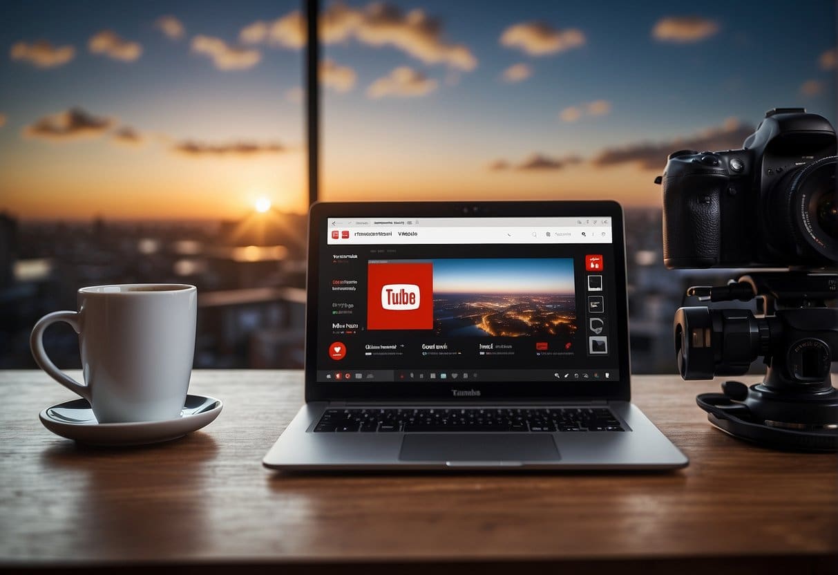 A laptop displaying a customized YouTube channel with a brand logo and engaging video thumbnails. A desk with branding materials and a camera ready for filming