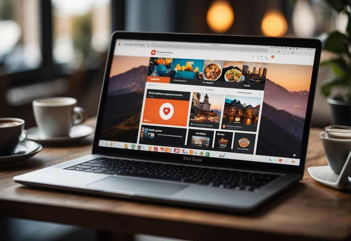 A laptop displaying a YouTube homepage with a small business logo and video thumbnails, surrounded by marketing materials and analytics charts