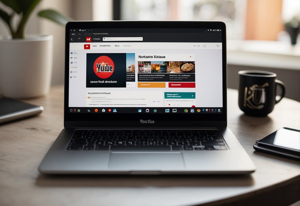 A laptop displaying a YouTube channel with a small business logo, surrounded by marketing materials and a notepad with content ideas