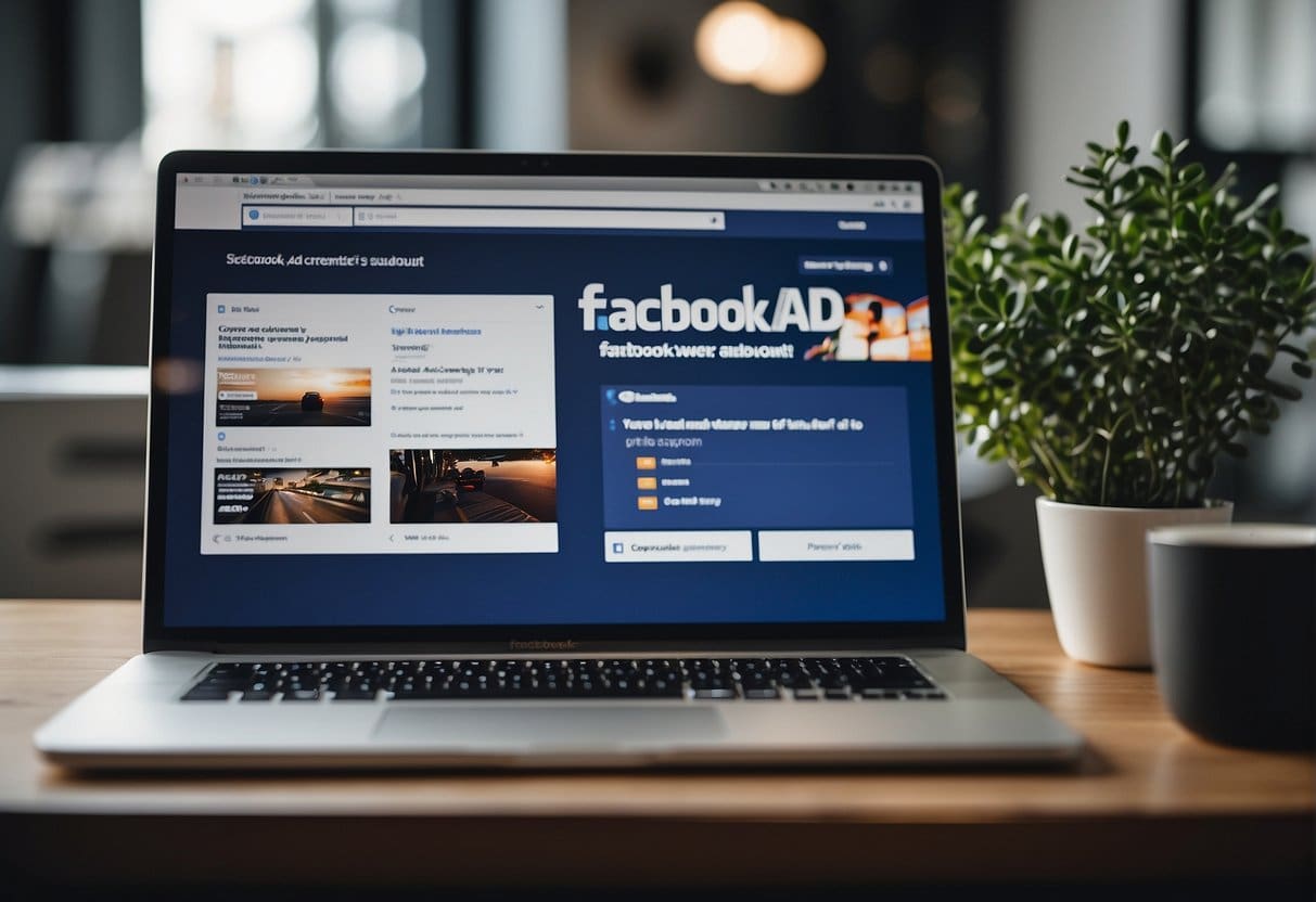 A computer screen displays the Facebook Ad Account setup page. A person's hand hovers over a mouse, ready to click. The room is bright and modern, with a desk cluttered with marketing materials