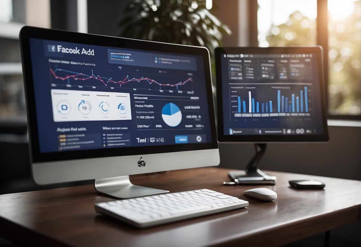A computer screen displaying Facebook ad analytics with charts and graphs