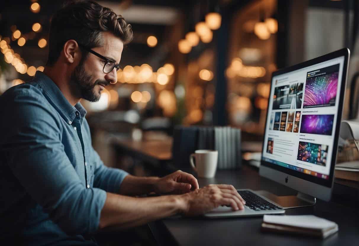 A small business owner scrolls through Instagram, studying FAQs on marketing techniques. The screen shows colorful graphics and engaging content