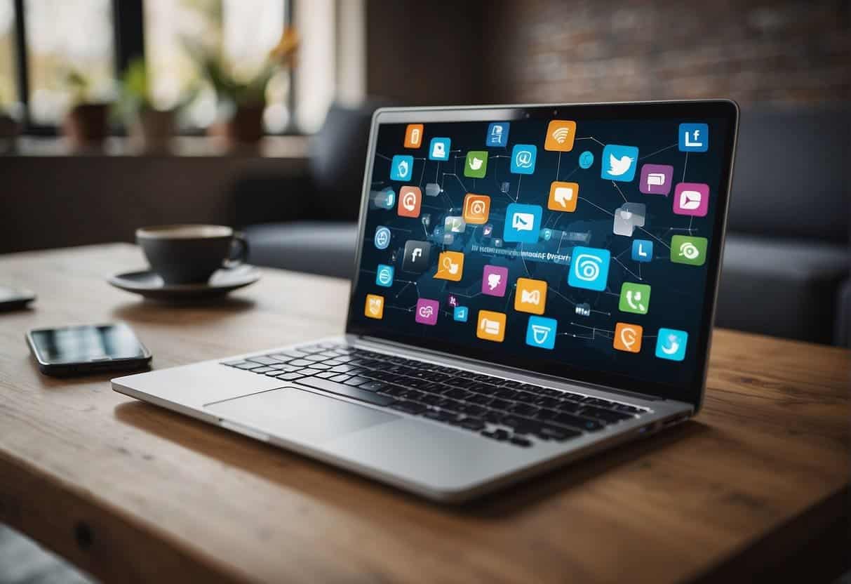 A laptop displaying an email marketing platform integrated with various social media icons and platforms, showcasing seamless communication and connectivity