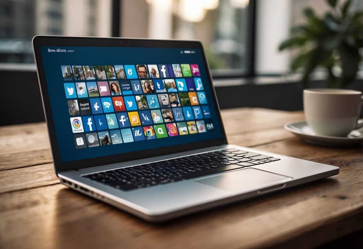 A laptop displaying an email marketing campaign linked to various social media platforms, with icons of Facebook, Instagram, and Twitter