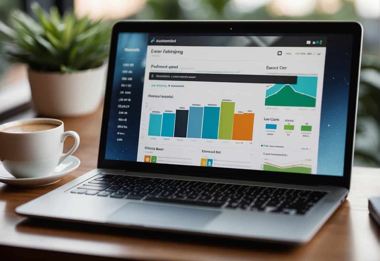 A laptop displaying an email marketing dashboard linked to social media platforms with engagement metrics and graphs