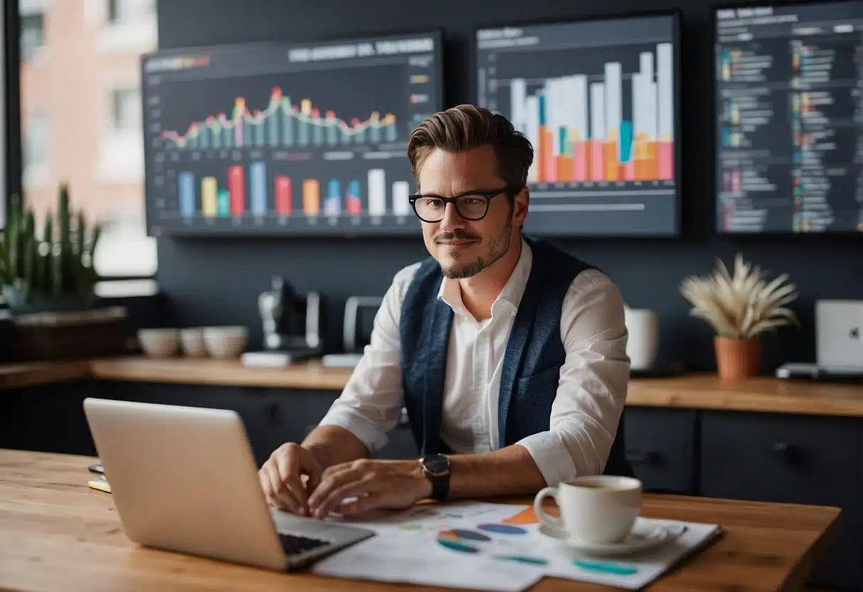 Small business owner researching trends and audience insights, surrounded by colorful charts and graphs, brainstorming ideas for engaging visual content