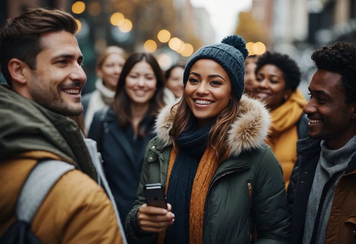 A diverse group of people engaging with each other through likes, comments, and shares on various social media platforms, creating a sense of community and encouraging active participation