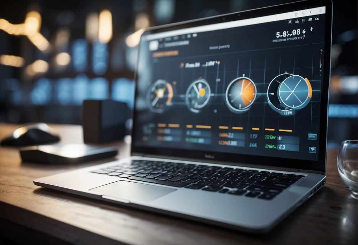 A clock ticking, a calendar with highlighted dates, and a computer screen displaying social media analytics graphs and charts