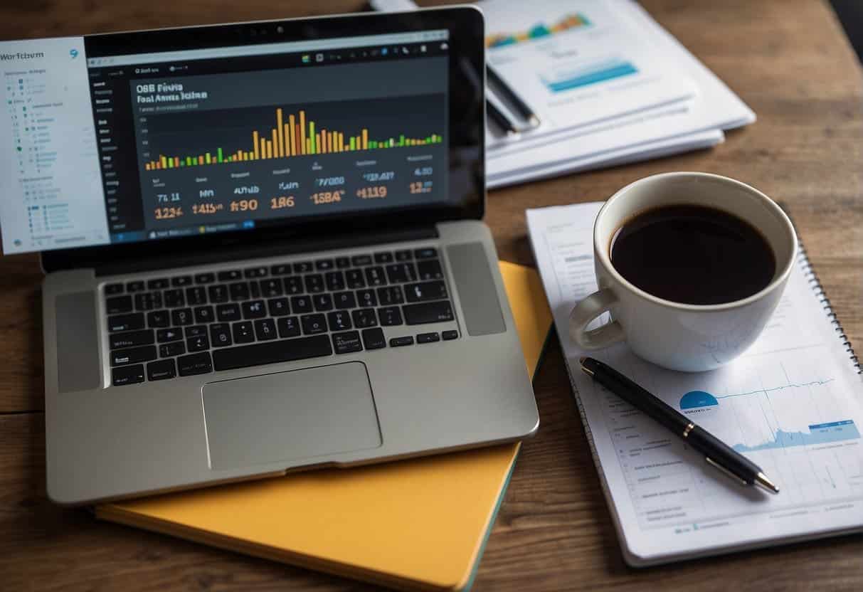 A laptop displaying various social media analytics graphs and charts, with a notepad and pen next to it for taking notes