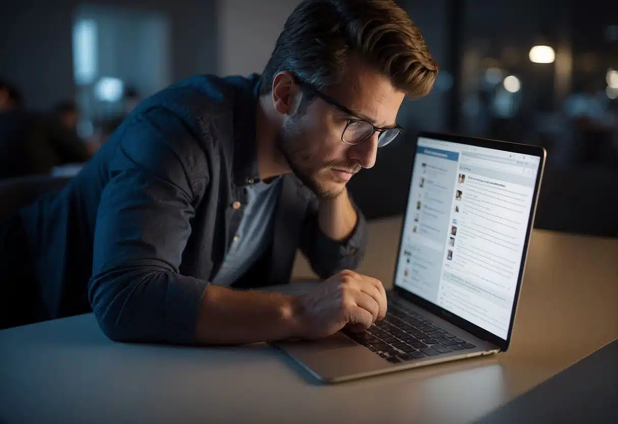 A person reading negative comments on a social media post, looking upset and frustrated. The screen shows the negative feedback