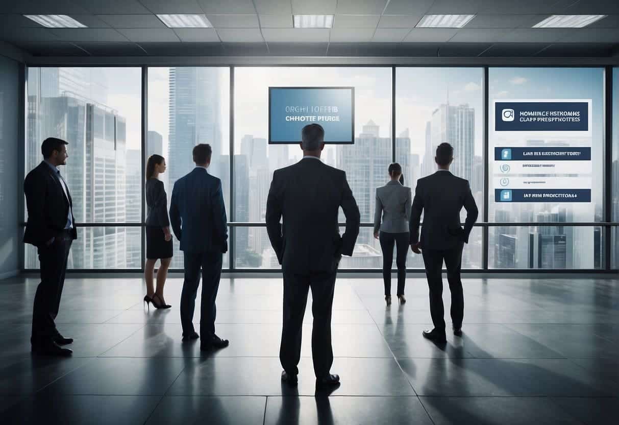 Employees follow a social media policy poster in an office. The poster features clear guidelines and security measures. A security lock symbolizes protection