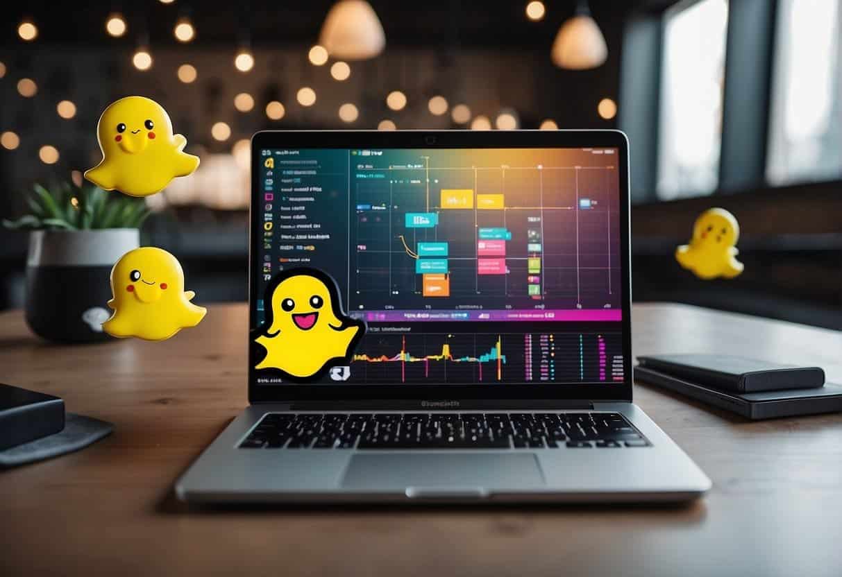 A laptop displaying Snapchat and TikTok logos, surrounded by charts and graphs. A business logo in the corner