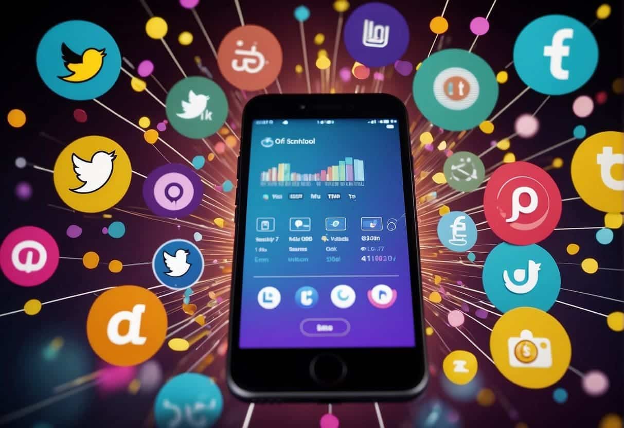 A colorful social media strategy chart with Snapchat and TikTok logos, surrounded by data points and arrows, representing business decision-making