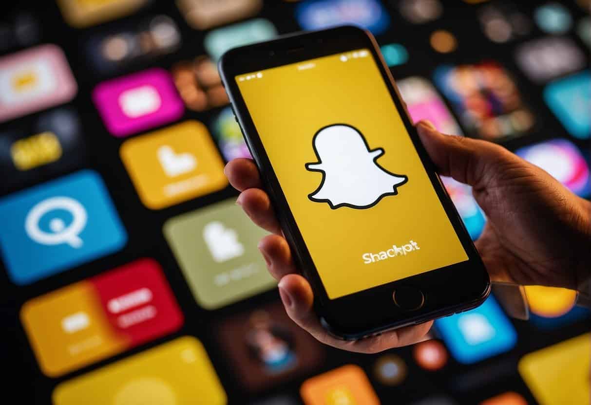 A smartphone displaying Snapchat and TikTok icons with a dollar sign overlay. Graphs and charts showing increased revenue and engagement