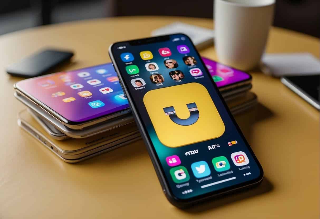 A smartphone with Snapchat and TikTok icons displayed on the screen, surrounded by social media engagement metrics and colorful graphics