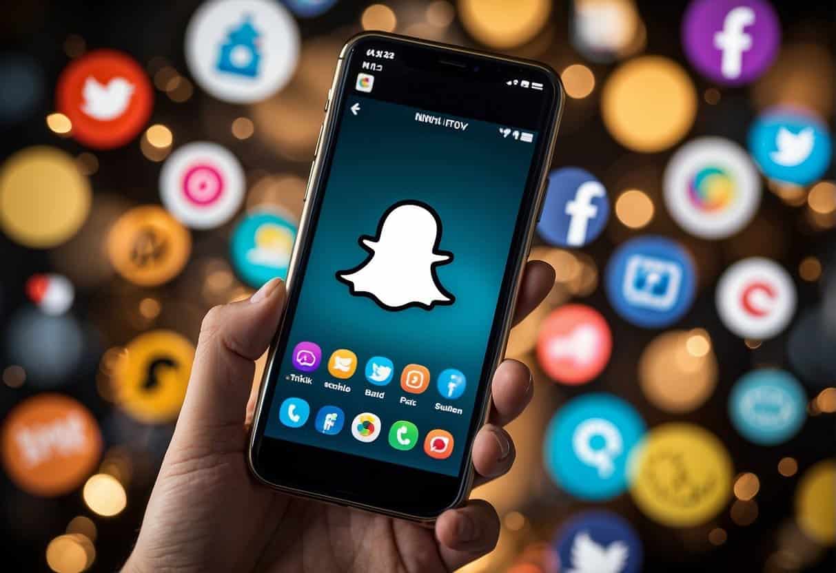 A smartphone with Snapchat and TikTok logos displayed, surrounded by icons of other social media platforms. Text bubbles with "Is it right for your business?" and "Cross-promotion" float above