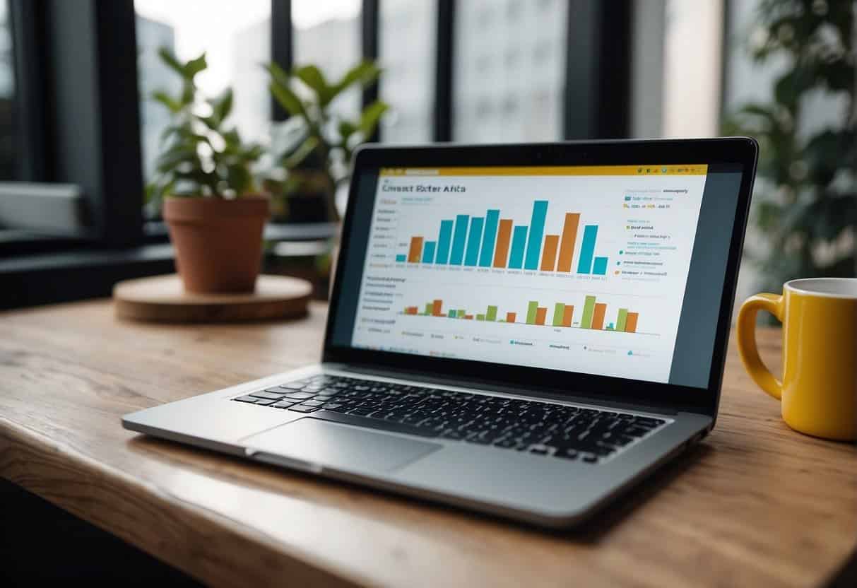 A laptop displaying Snapchat and TikTok analytics. Charts and graphs show engagement and user demographics. A notepad with strategic notes