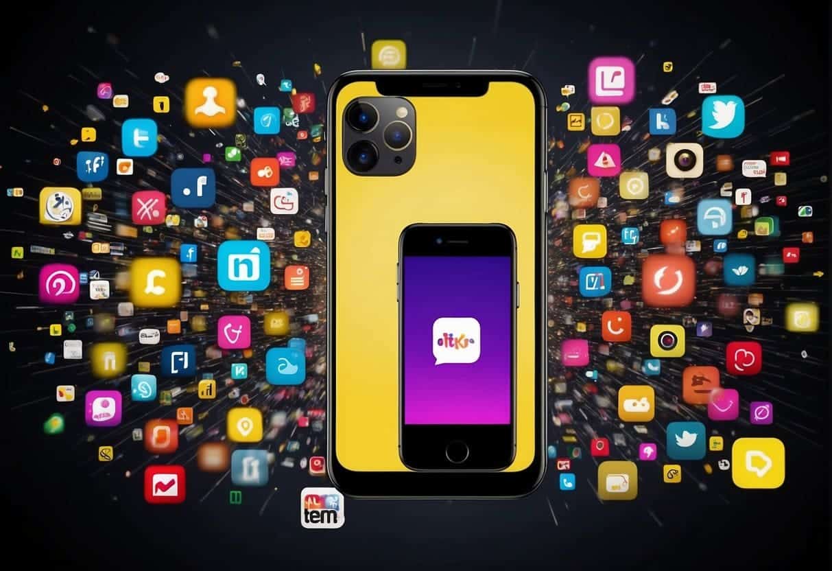 A smartphone displaying Snapchat and TikTok logos, surrounded by various advertising tools like social media analytics, marketing strategies, and audience demographics