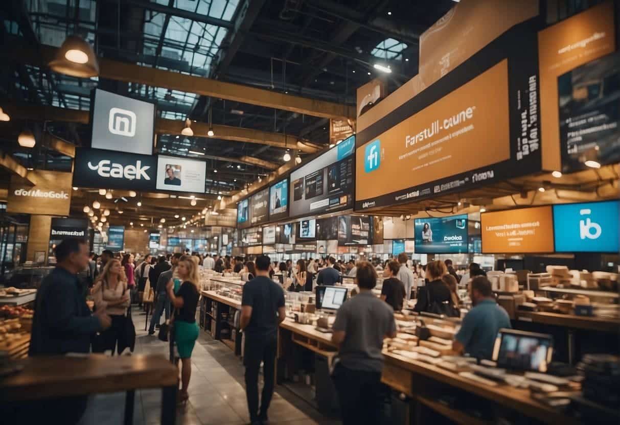 A bustling digital marketplace with various professional services advertised on LinkedIn, showcasing a diverse range of industries and expertise