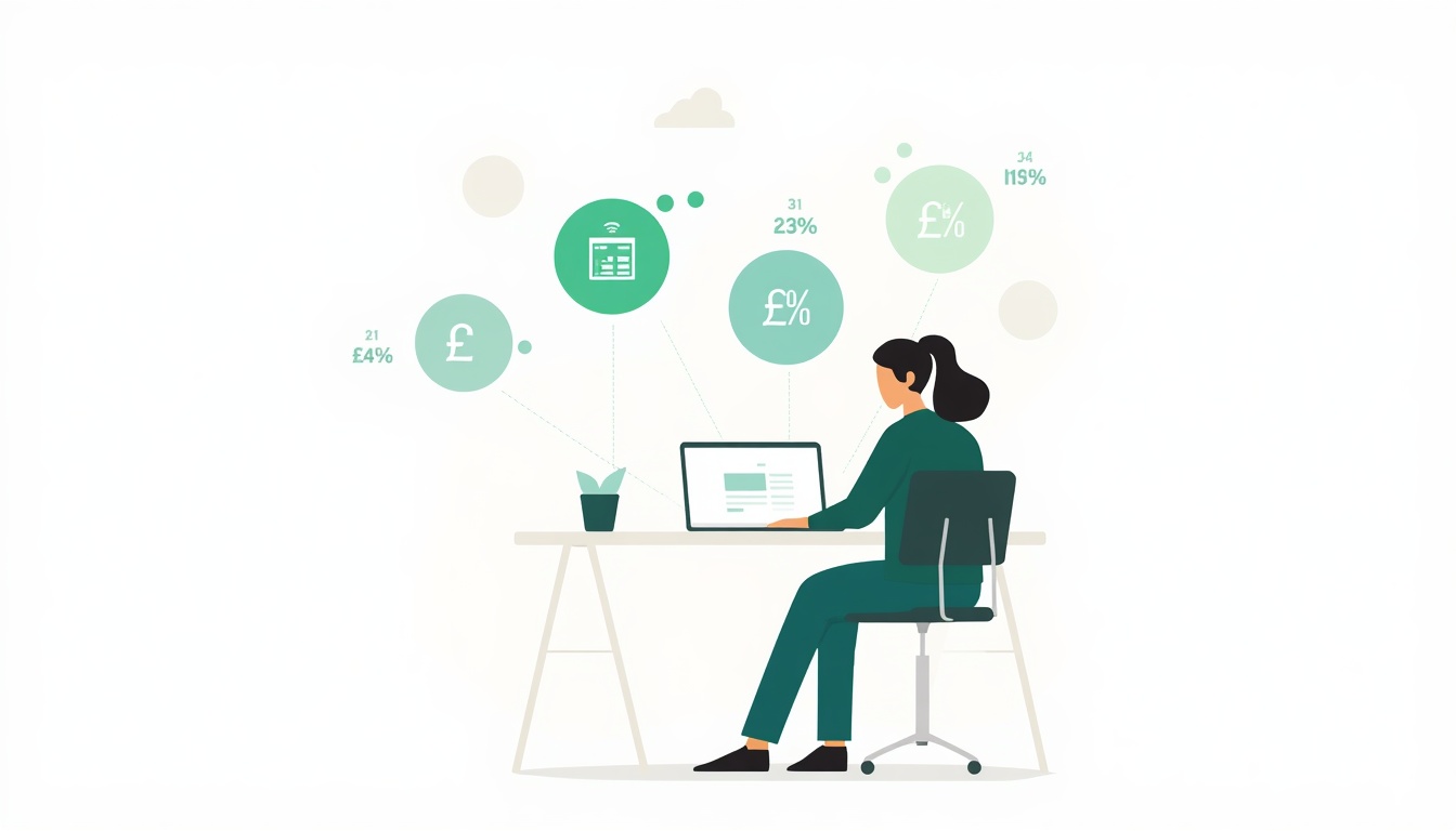 Illustration of a woman sitting at a desk using a laptop, with green financial icons and percentage symbols floating above her, representing Affiliate Marketing in Web Design and financial data analysis.