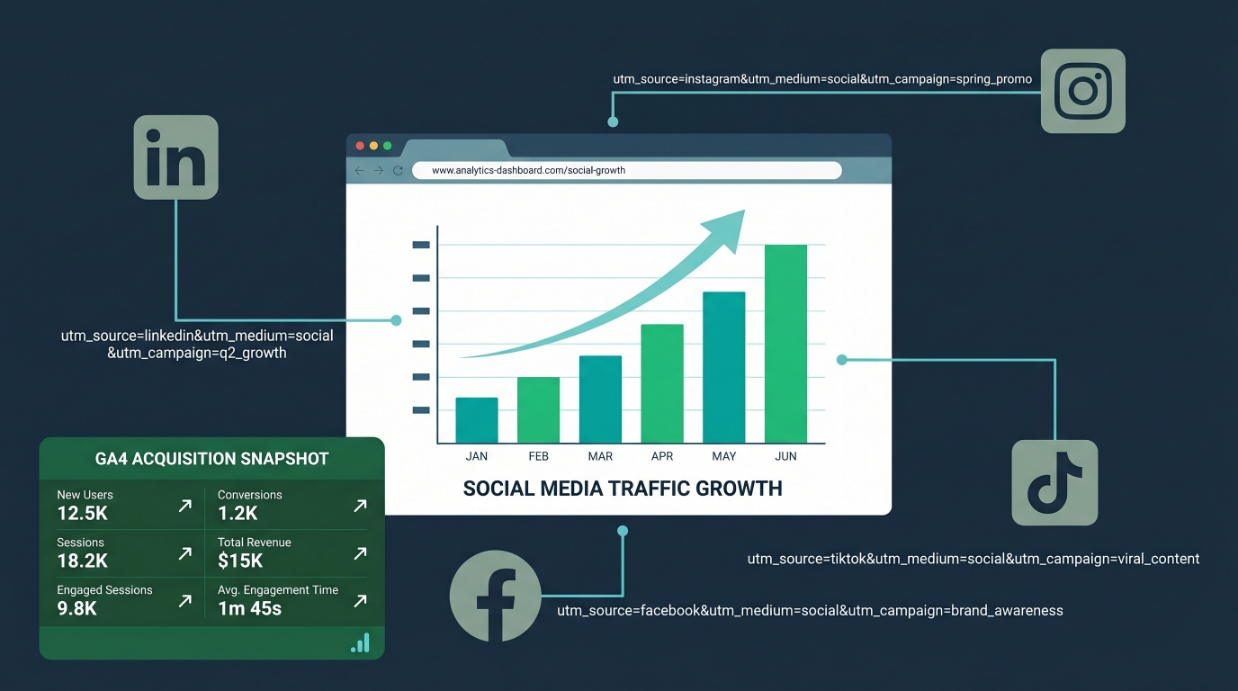 A graphic showing a bar chart labelled Social Media Traffic Growth with rising bars from January to June. Surrounding icons for LinkedIn, Instagram, TikTok, and Facebook highlight the rise in social media traffic, with analytics and source links in text boxes.