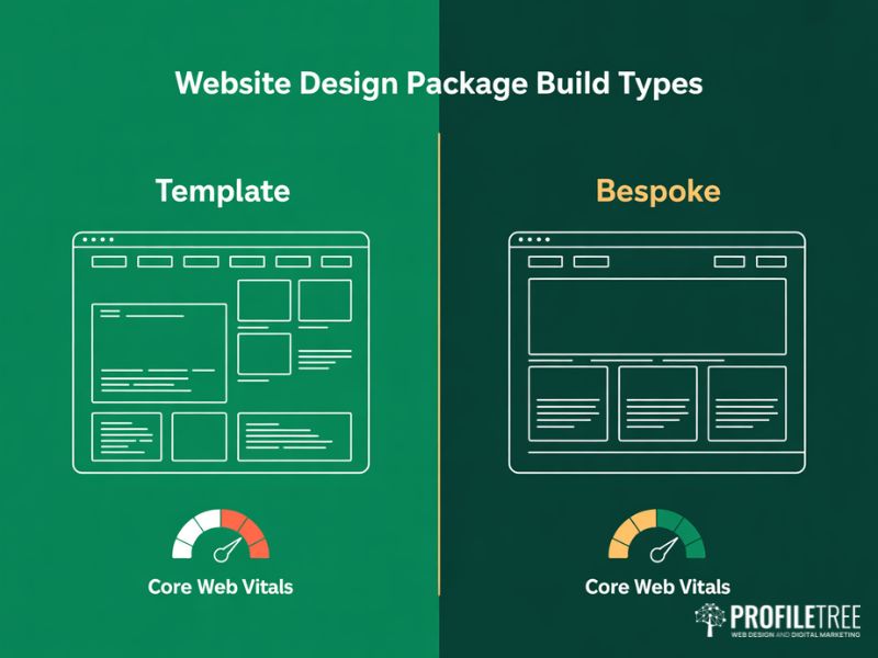 Side by side comparison of template versus bespoke Website Design Package builds with Core Web Vitals performance indicators
