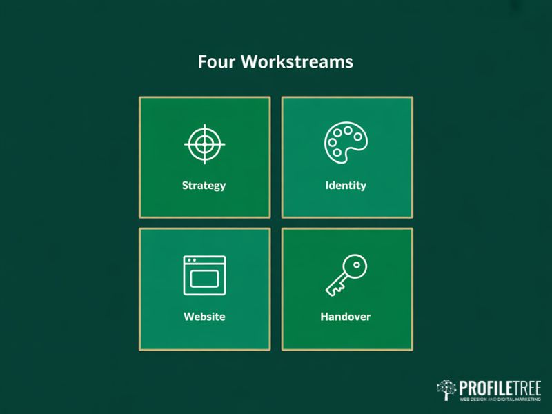 Four-panel grid showing the four workstreams inside ProfileTree Branding & Website Packages strategy identity website and handover