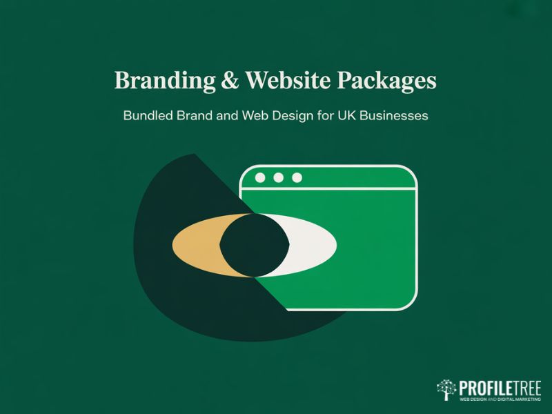 Hero illustration for ProfileTree Branding & Website Packages showing a brand logo mark and a browser window merging into one unified asset
