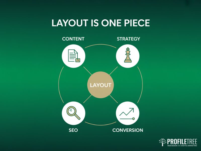 Flexbox Fundamentals context diagram showing layout connected to content strategy SEO and conversion
