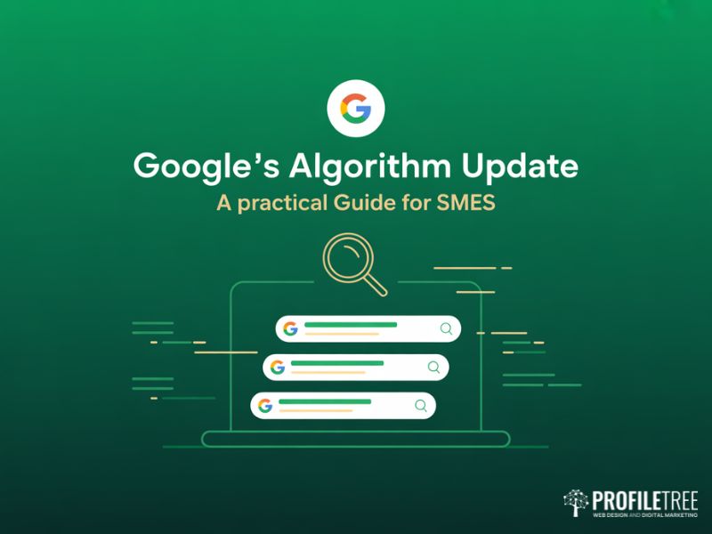 Hero illustration for a Google's Algorithm Update guide showing search results shifting on a deep green background
